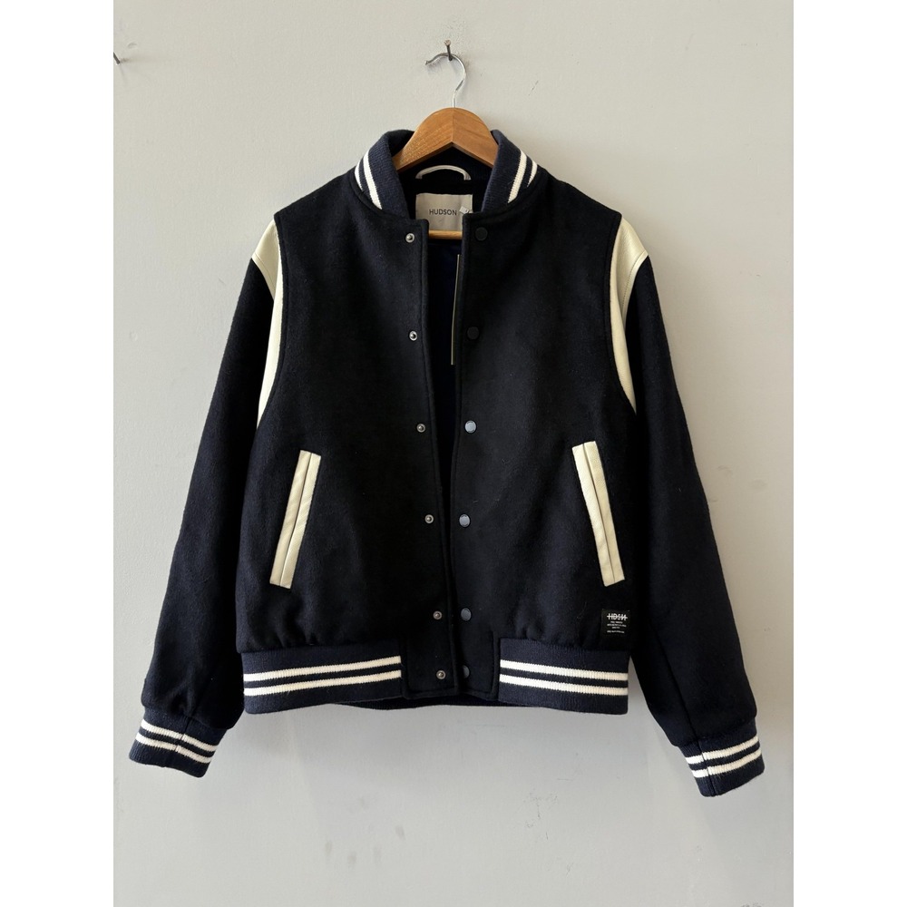 Hudson Jacket Mens Medium Navy Wool Varsity Snap Front Striped Trim Lined Bomber